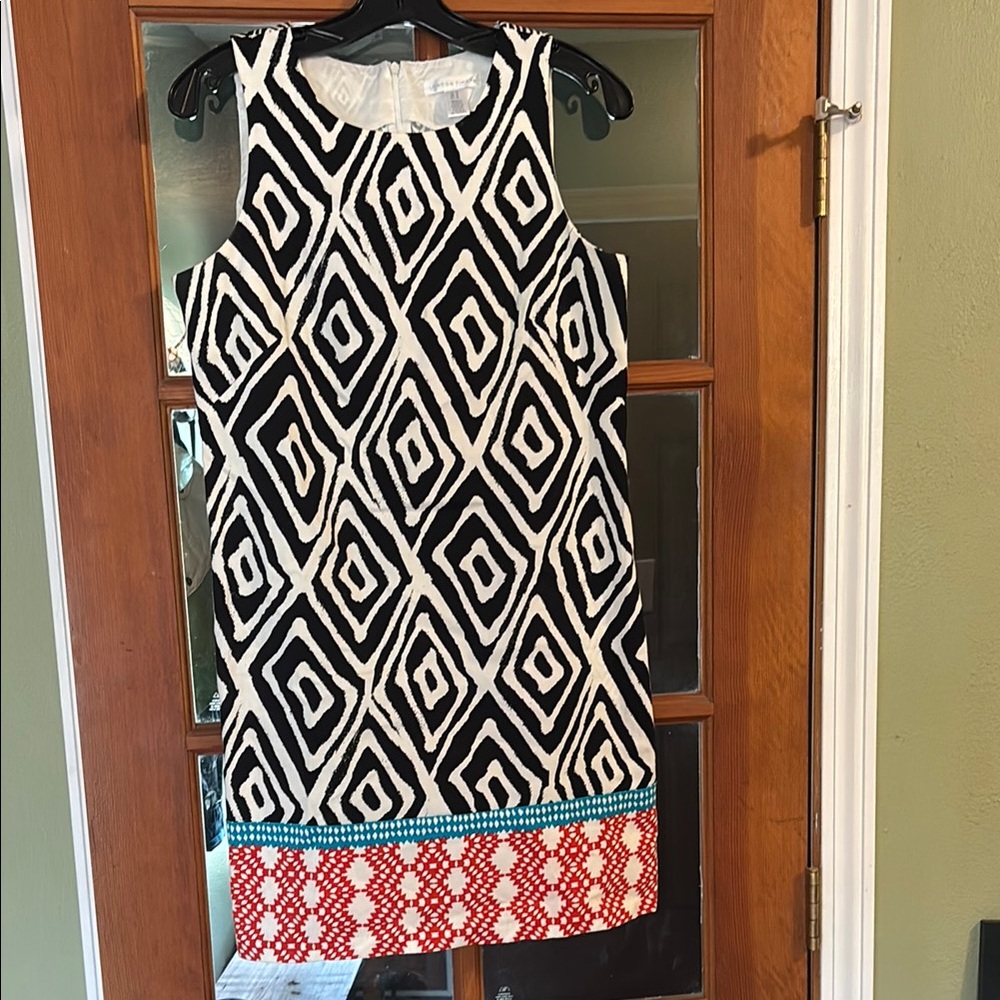 BOGO! London Times Black and White Geometric Dress with Red and Blue Accents